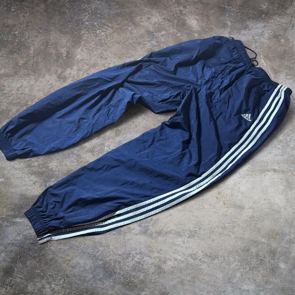 Adidas Windbreaker Pants Navy White Nylon Zip Ankle Track Men’s XL Tall Wide Fit